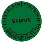 Prüfplaketten grün Ø 30 mm "geprüft" 2028 - 2033 aus PVC-Folie 10 Stück/Bogen