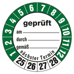 Prüfplaketten weiß Ø 35 mm "geprüft am, durch, gemäß, ... " aus PVC-Folie 10 Stück/Bogen