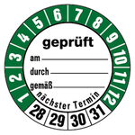 Pr&uuml;fplaketten wei&szlig; &Oslash; 35 mm "gepr&uuml;ft am, durch, gem&auml;&szlig;" 2028 - 2031 aus PVC-Folie 10 St&uuml;ck/Bogen