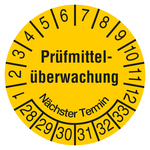 Pr&uuml;fplaketten gelb &Oslash; 20 mm "Pr&uuml;fmittel&uuml;berwachung N&auml;chster Termin" 2028 - 2033 aus PVC-Folie 10 St&uuml;ck/Bogen