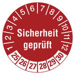 Prüfplaketten rot Ø 30 mm "Sicherheit geprüft" aus PVC-Folie 10 Stück/Bogen
