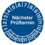 Prüfplaketten blau Ø 30 mm "Nächster Prüftermin" 2028 - 2033 aus PVC-Folie 10 Stück/Bogen