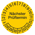 Pr&uuml;fplakette N&auml;chster Pr&uuml;ftermin 2028 Gelb Folie &Oslash; 60 mm 4 St&uuml;ck/Bogen
