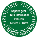 Prüfplaketten grün Ø 30 mm "Geprüft gem. DGUV Information 208-016 Leitern u. Tritte" aus PVC-Folie 10 Stück/Bogen