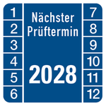 Pr&uuml;fplakette N&auml;chster Pr&uuml;ftermin 2028 Blau Folie 30 x 30 mm 10 St&uuml;ck/Bogen