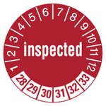 Prüfplaketten rot Ø 30 mm "inspected" 2028 - 2033 aus PVC-Folie 10 Stück/Bogen