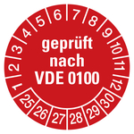 Prüfplaketten rot Ø 30 mm "geprüft nach VDE 0100" aus PVC-Folie 10 Stück/Bogen