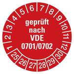 Prüfplaketten rot Ø 30 mm "geprüft nach VDE 0701/0702" aus PVC-Folie 10 Stück/Bogen
