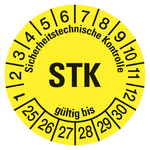 Prüfplaketten gelb Ø 30 mm "STK Sicherheitstechnische Kontrolle" aus PVC-Folie 10 Stück/Bogen