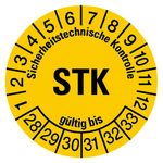 Pr&uuml;fplakette Sicherheitstechnische Kontrolle STK g&uuml;ltig bis 2028 Gelb Folie &Oslash; 60 mm 4 St&uuml;ck/Bogen