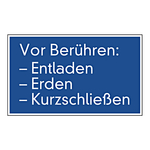 Gebotsschild "Vor Berühren, Entladen, Erden, Kurzschließen" Aufkleber 200 x 120 mm