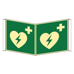 Rettungszeichen Winkelschild Automatisierter externer Defibrillator DIN EN ISO 7010 E010 Kunststoff langnachleuchtend 200 x 200 mm Einzelschild