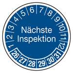 Prüfplaketten blau Ø 30 mm "Nächste Inspektion" 2026 - 2031 aus PVC-Folie 10 Stück/Bogen