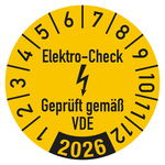 Jahresprüfplaketten gelb Ø 30 mm "Elektro-Check Geprüft gemäß VDE" Jahr 2026 aus PVC-Folie 10 Stück/Bogen