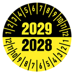 Pr&uuml;fplaketten gelb/schwarz &Oslash; 30 mm f&uuml;r die Jahre 2028/2029 aus PVC-Folie 10 St&uuml;ck/Bogen