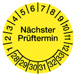 Pr&uuml;fplaketten gelb &Oslash; 20 mm "N&auml;chster Pr&uuml;ftermin" 2028 - 2033 aus PVC-Folie 10 St&uuml;ck/Bogen