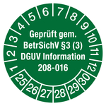 Prüfplaketten grün Ø 30 mm"Geprüft gem. BetrSichV §3 (3) DGUV Information 208-016" aus PVC-Folie 10 Stück/Bogen