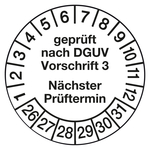 Pr&uuml;fplaketten wei&szlig; &Oslash; 20 mm "gepr&uuml;ft nach DGUV Vorschrift 3 N&auml;chster Pr&uuml;ftermin" 2026 aus PVC-Folie 10 St&uuml;ck/Bogen