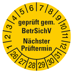 Pr&uuml;fplakette gepr&uuml;ft gem. BetrSichV N&auml;chster Pr&uuml;ftermin 2026 Gelb Folie &Oslash; 35 mm 10 St&uuml;ck/Bogen