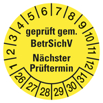 Prüfplaketten gelb Ø 30 mm "geprüft gem. BetrSichV Nächster Prüftermin" 2026 aus PVC-Folie 10 Stück/Bogen