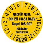 Prüfplaketten Ø 30 mm "geprüft gem. DIN EN 15635 DGUV Regel 108-007 Nächster Prüftermin" 2026 aus PVC-Folie 10 Stück/Bogen