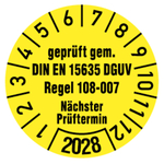 Prüfplaketten Ø 30 mm "geprüft gem. DIN EN 15635 DGUV Regel 108-007 Nächster Prüftermin" 2028 aus PVC-Folie 10 Stück/Bogen