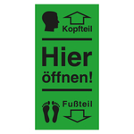 Paketaufkleber Kopfteil, Fußteil, Hier öffnen, Grün, Haftpapier, 105 x 210 mm, Einzeletikett