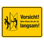 Türschild "Vorsicht! Bitte öffnen Sie die Tür langsam!" Tür nach links, gelb / schwarz, Folie 200 x 150mm