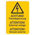 Hinweisschild Kombischild "Achtung! Fremdspannung" 3-sprachig Folie 37 x 52 mm Einzeletikett