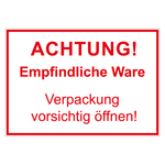 Paketaufkleber Achtung! Empfindliche Ware Verpackung vorsichtig öffnen!, 105 x 74 mm