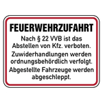Feuerwehrzeichen Feuerwehrzufahrt Nach §22 VVB Abstellen von Kfz verboten Aluminium geprägt 400 x 300 mm Einzelschild