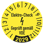 Jahresprüfplaketten gelb Ø 30 mm "Elektro-Check Geprüft gemäß VDE" Jahr 2029 aus PVC-Folie 10 Stück/Bogen