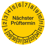 Pr&uuml;fplakette N&auml;chster Pr&uuml;ftermin 2029 Gelb Dokumentenfolie &Oslash; 15 mm 10 St&uuml;ck/Bogen