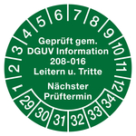 Prüfplaketten Ø 30 mm "Geprüft gem. DGUV Information 208-016 Leitern u. Tritte, Nächster Prüftermin" 2029 aus PVC-Folie 10 Stück/Bogen
