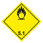 Gefahrzettel, Gefahrgutaufkleber Klasse 5.1 Entzündend (oxidierend) wirkende Stoffe, Flamme über einem Kreis Schwarz, Folie, 100 x 100 mm, 100 Stück/Rolle