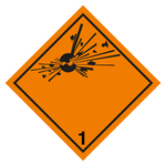 Gefahrzettel, Gefahrgutaufkleber Klasse 1 Explosive Stoffe, Folie, 100 x 100 mm, 100 Stück/Rolle