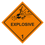 Gefahrzettel, Gefahrgutaufkleber Klasse 1 Explosive Stoffe mit Zusatztext EXPLOSIVE, Folie, 50 x 50 mm, 100 Stück/Rolle