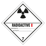 Gefahrzettel, Gefahrgutaufkleber Klasse 7A Radioaktive Stoffe, Strahlensymbol Schwarz mit Zusatztext RADIOACTIVE I, Folie, 100 x 100 mm, 100 St&uuml;ck/Rolle