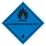Gefahrzettel, Gefahrgutaufkleber Klasse 4.3 Stoffe, die mit Wasser entzündliche Gase bilden mit Zusatztext DANGEROUS WHEN WET, Flamme Schwarz, Folie, 100 x 100 mm, 100 Stück/Rolle