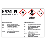 GHS-Kraftstoffetikett Heizöl EL  für Zapfsäulen, Kanister und Fässer, Folie  105 x 74 mm Einzeletikett