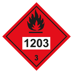 Gefahrzettel Placards Klasse 3 Entzündbare flüssige Stoffe mit UN-Nummer 1203 Flamme Schwarz Folie 250 x 250 mm Einzeletikett