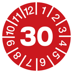 Jahresprüfplaketten rot Ø 10mm Jahr 2030 aus PVC-Folie 10 Stück/Bogen