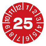 Jahresprüfplaketten rot Ø 15 mm Jahr 2025 aus PVC-Folie 10 Stück/Bogen