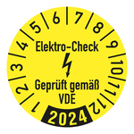 Jahresprüfplaketten gelb Ø 30 mm "Elektro-Check Geprüft gemäß VDE" Jahr 2024 aus PVC-Folie 10 Stück/Bogen