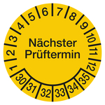 Prüfplaketten gelb Ø 15 mm "Nächster Prüftermin" 2030 - 2035 aus Dokumentenfolie 10 Stück/Bogen