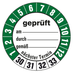 Prüfplaketten weiß Ø 35 mm "geprüft am, durch, gemäß, ... " 2030 - 2027 aus PVC-Folie 10 Stück/Bogen