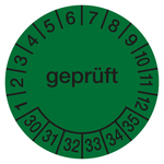 Prüfplaketten grün Ø 30 mm "geprüft" 2030 - 2035 aus PVC-Folie 10 Stück/Bogen
