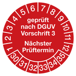 Prüfplaketten rot Ø 30 mm "geprüft nach DGUV Vorschrift 3 Nächster Prüftermin" 2030 10 Stück/Bogen