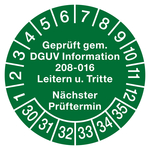 Prüfplaketten Ø 30 mm "Geprüft gem. DGUV Information 208-016 Leitern u. Tritte, Nächster Prüftermin" 2030 aus PVC-Folie 10 Stück/Bogen
