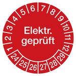 Prüfplaketten rot Ø 20 mm "Elektr. geprüft" 2024 - 2029 aus PVC-Folie 10 Stück/Bogen